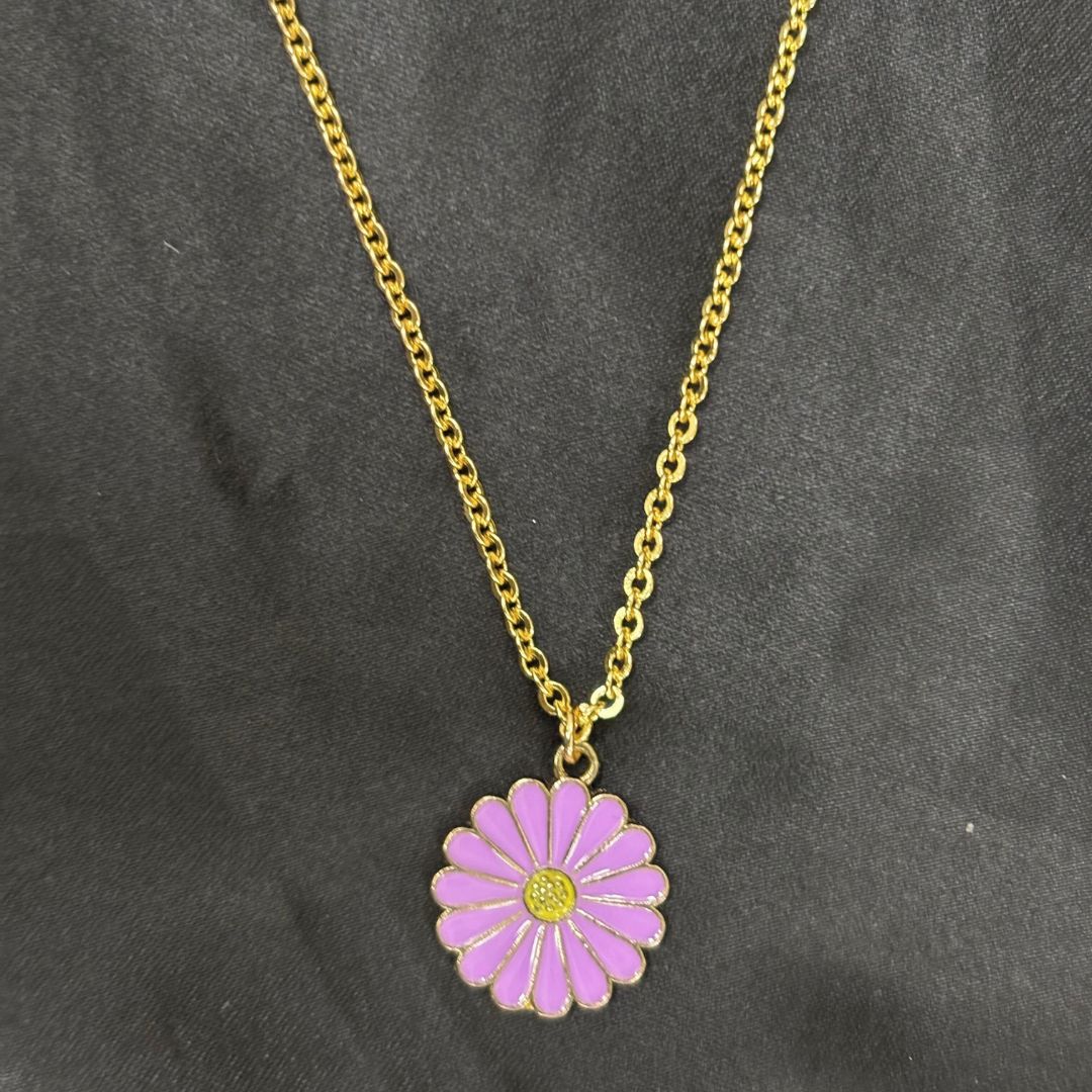 Gold Plated Purple Enamel Daisy Flower Pendant Necklace