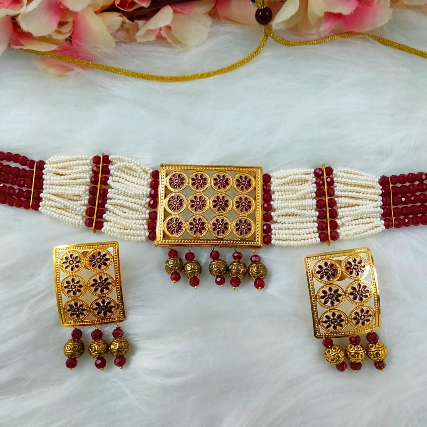 Bdiva 18K Gold Plated Intricately Carved Red Beads Rectangular Choker Necklace.