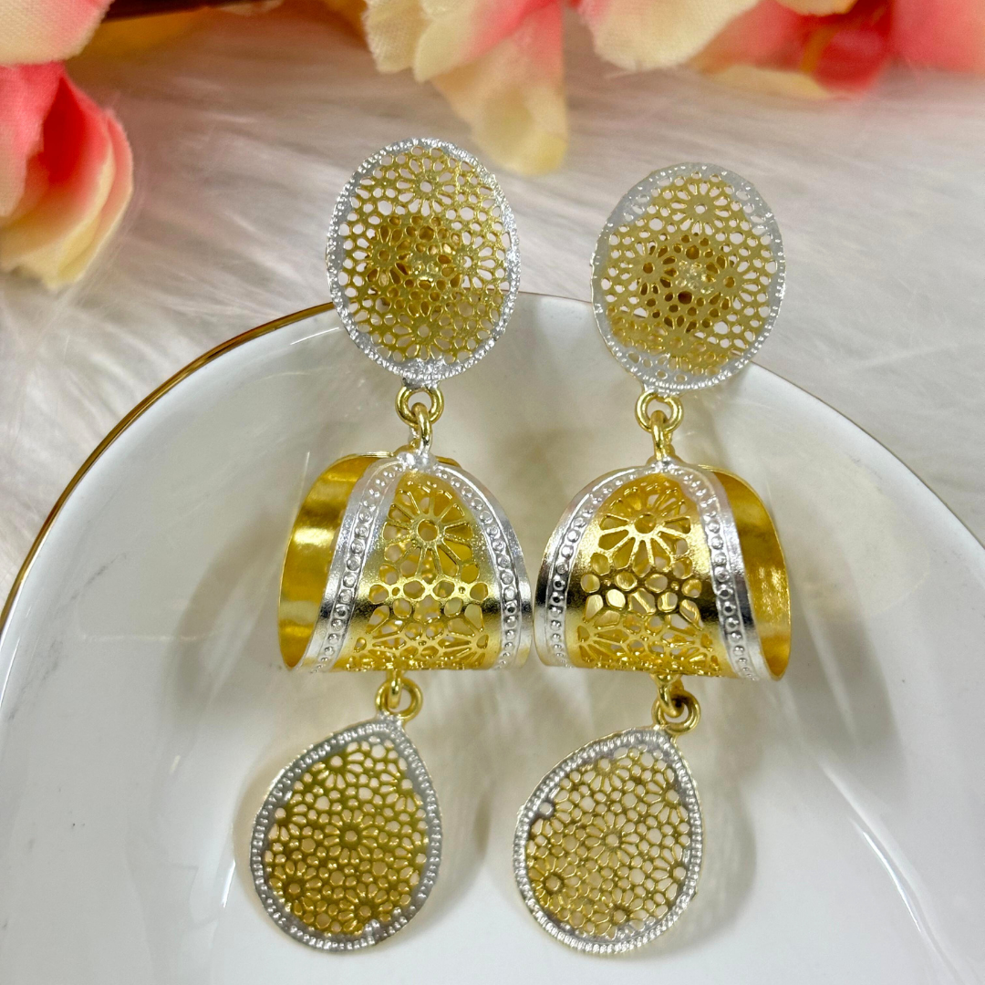 Bdiva Lightweight Filigree Gold & Silver Dual-Tone Drop Earrings
