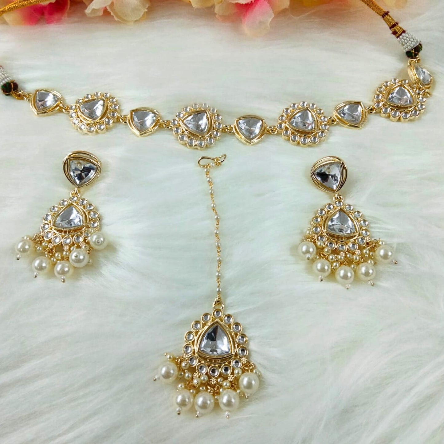 18K Gold Plated Nine Stone Kundan Semi Cultured White Pearl Choker with Maangtika.
