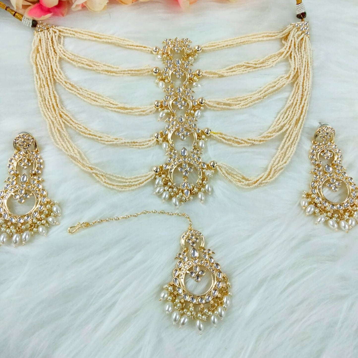 Bdiva 18K Gold Plated Kundan Semi Cultured White Pearl Choker with Maangtika.