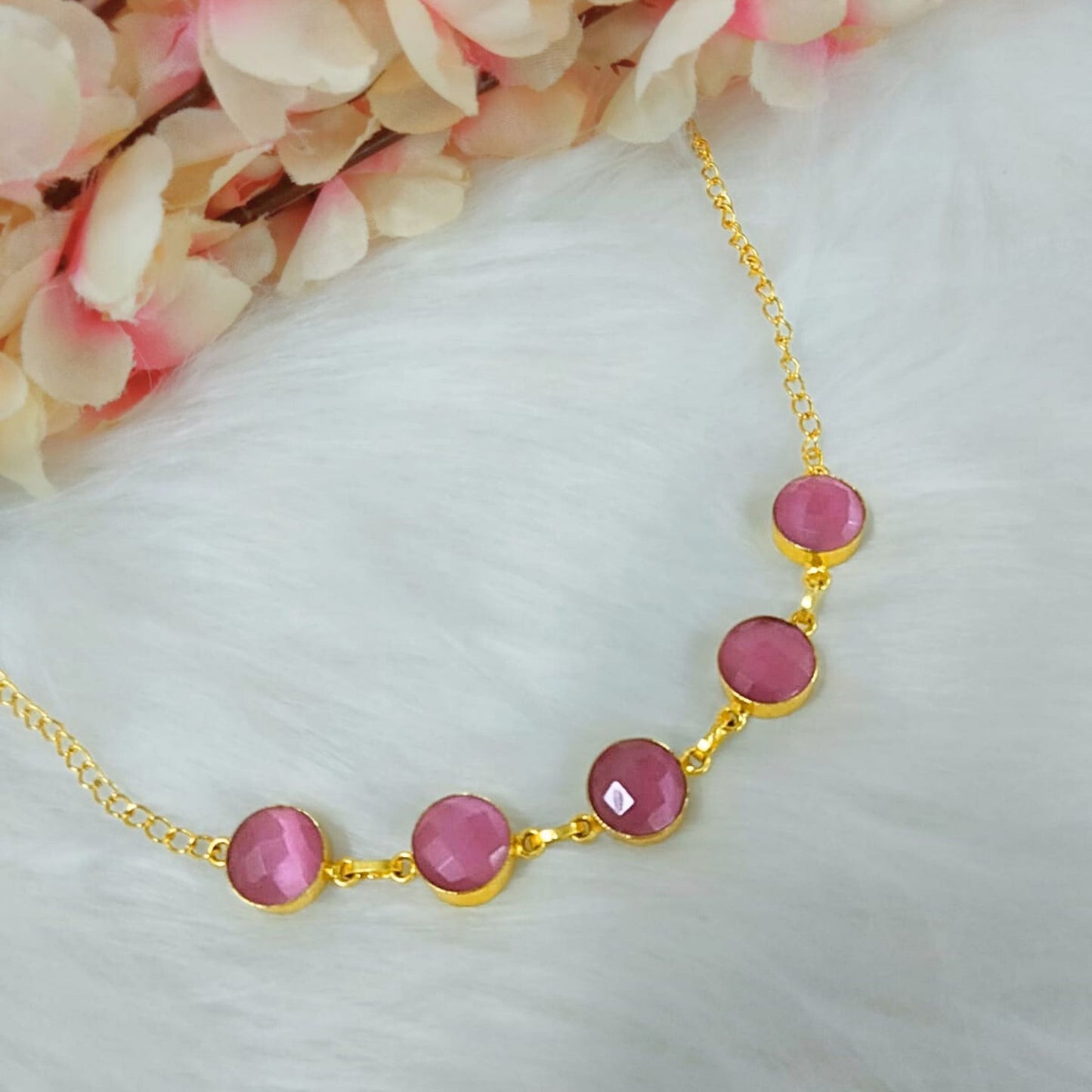 Bdiva 18K Gold Plated Five Stone Pink Ruby Necklace.