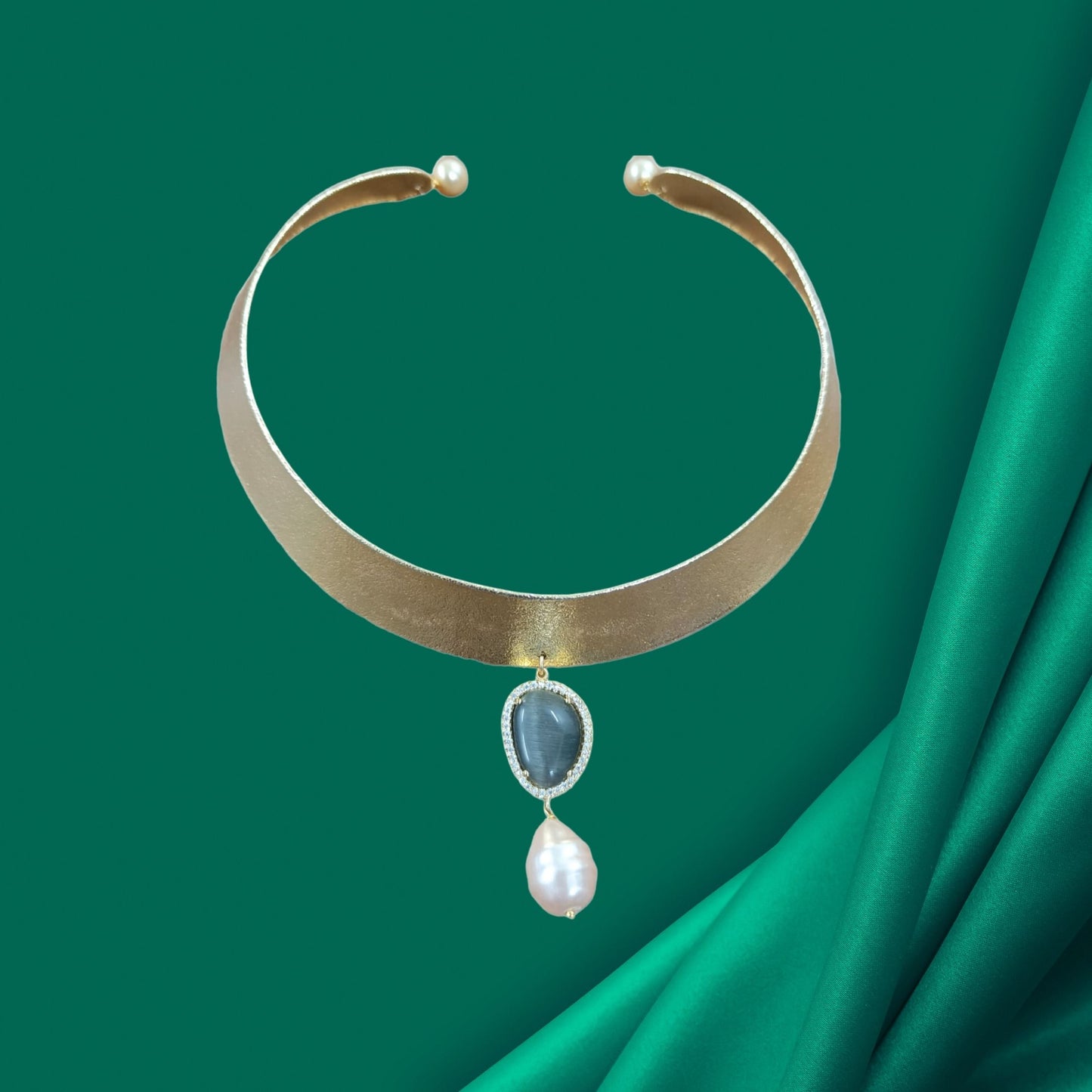 18K Gold Plated Indo-Western Grey Quart Choker.