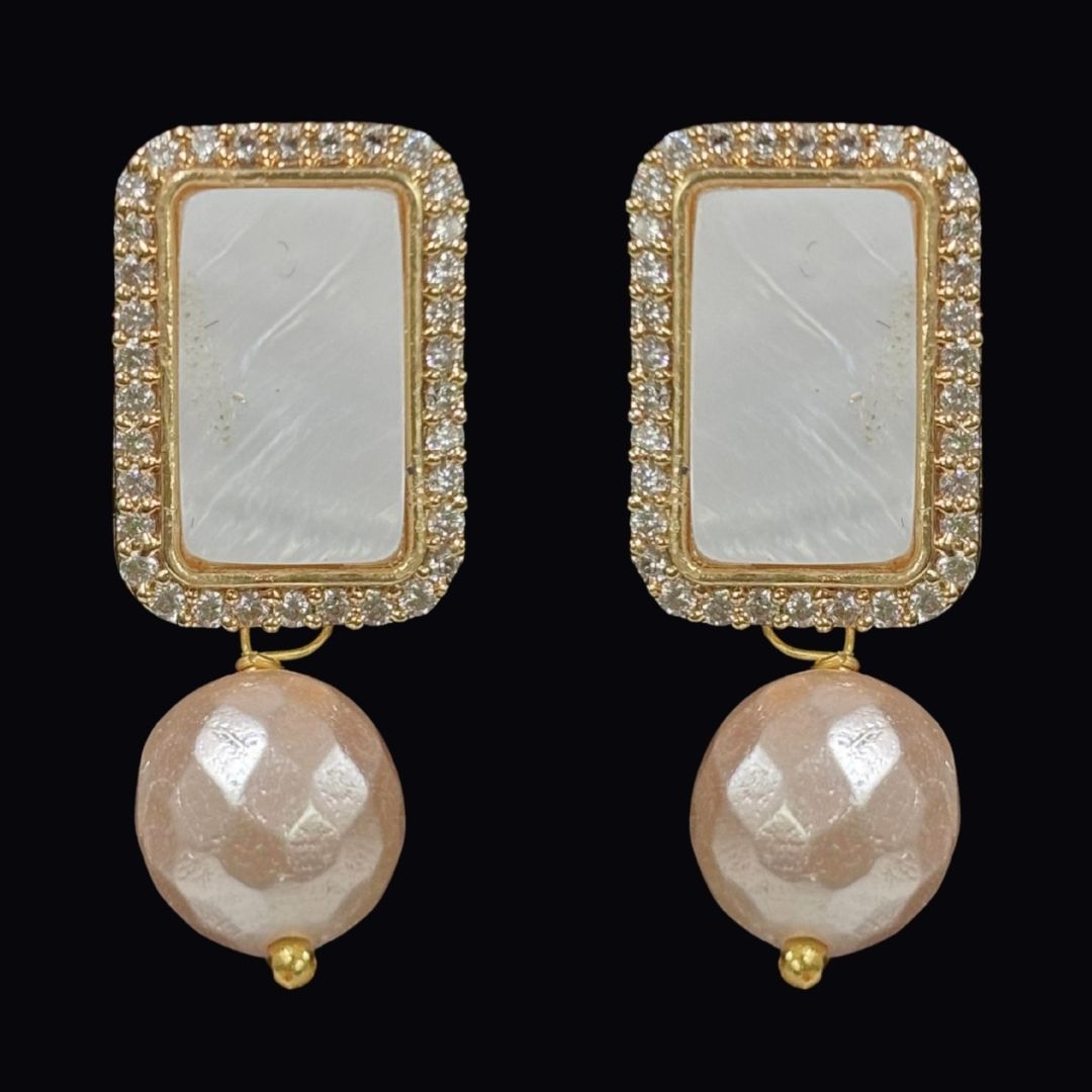 Gold-Plated Rectangular Studs Earrings with Pearl Drop