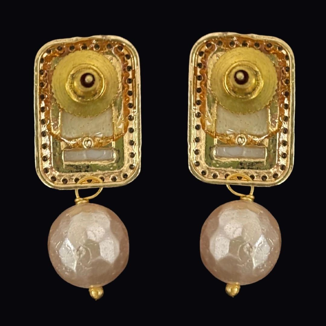 Gold-Plated Rectangular Studs Earrings with Pearl Drop
