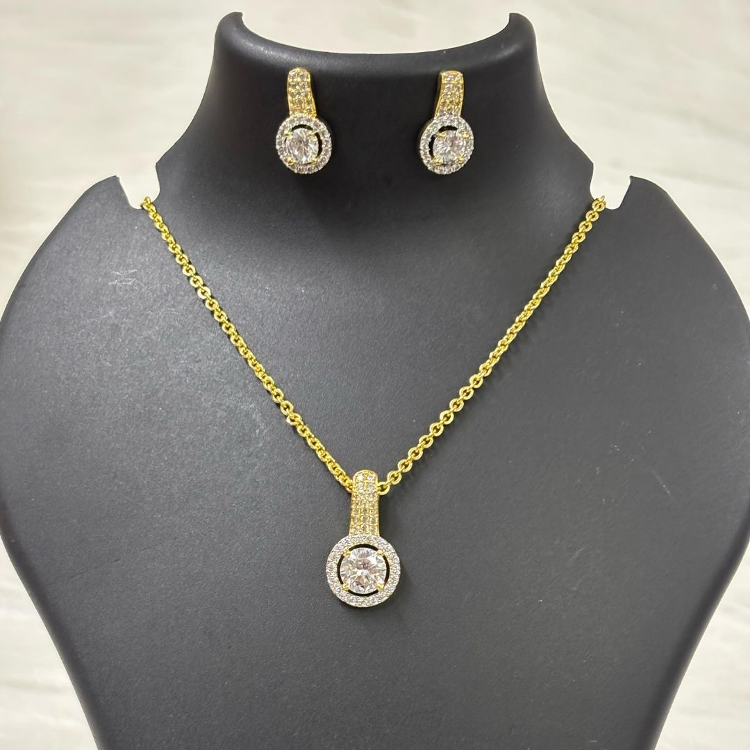 Gold Plated Halo Cubic Zirconia Pendant & Stud Earrings Set