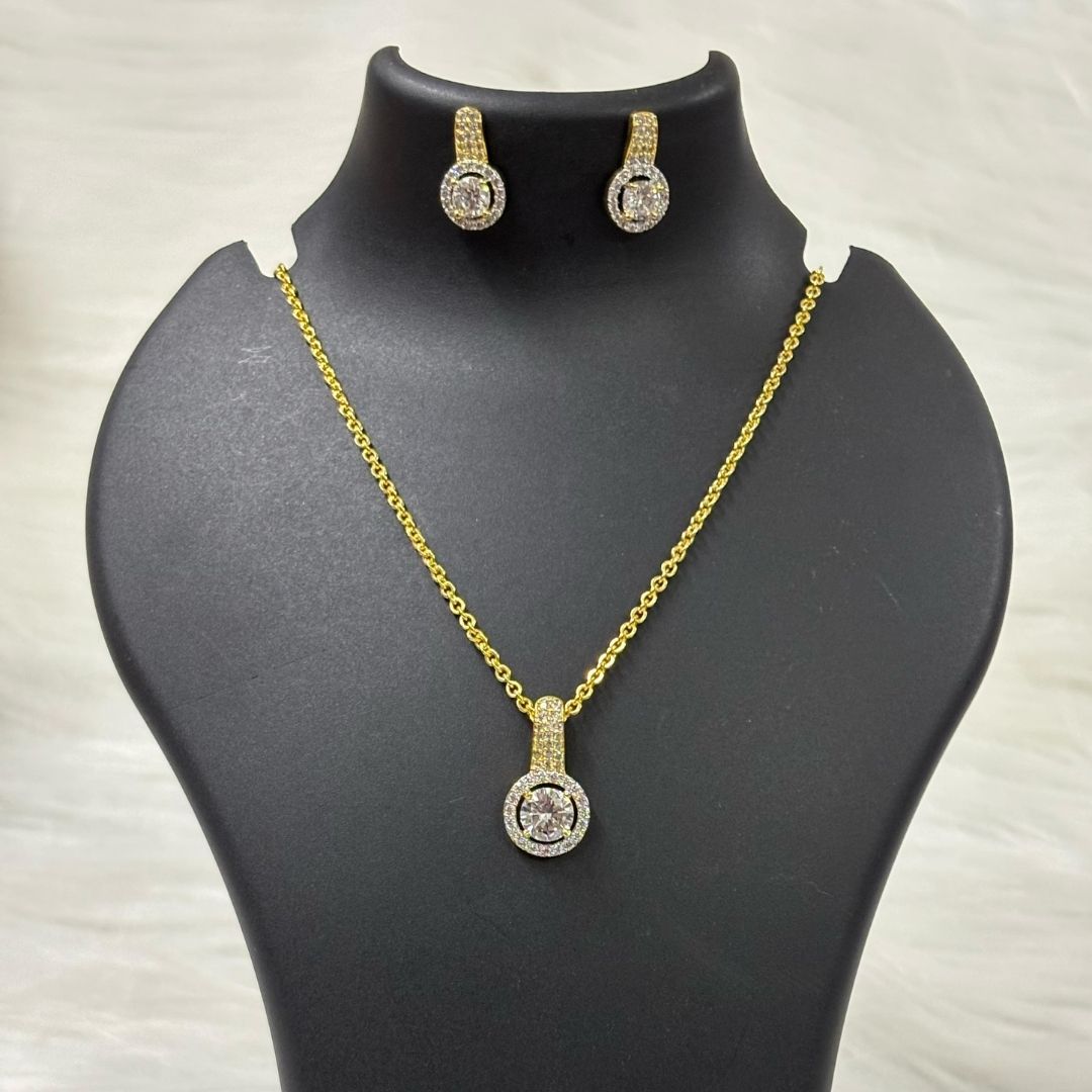 Gold Plated Halo Cubic Zirconia Pendant & Stud Earrings Set