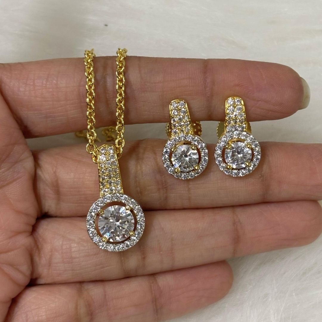 Gold Plated Halo Cubic Zirconia Pendant Stud Earrings Set