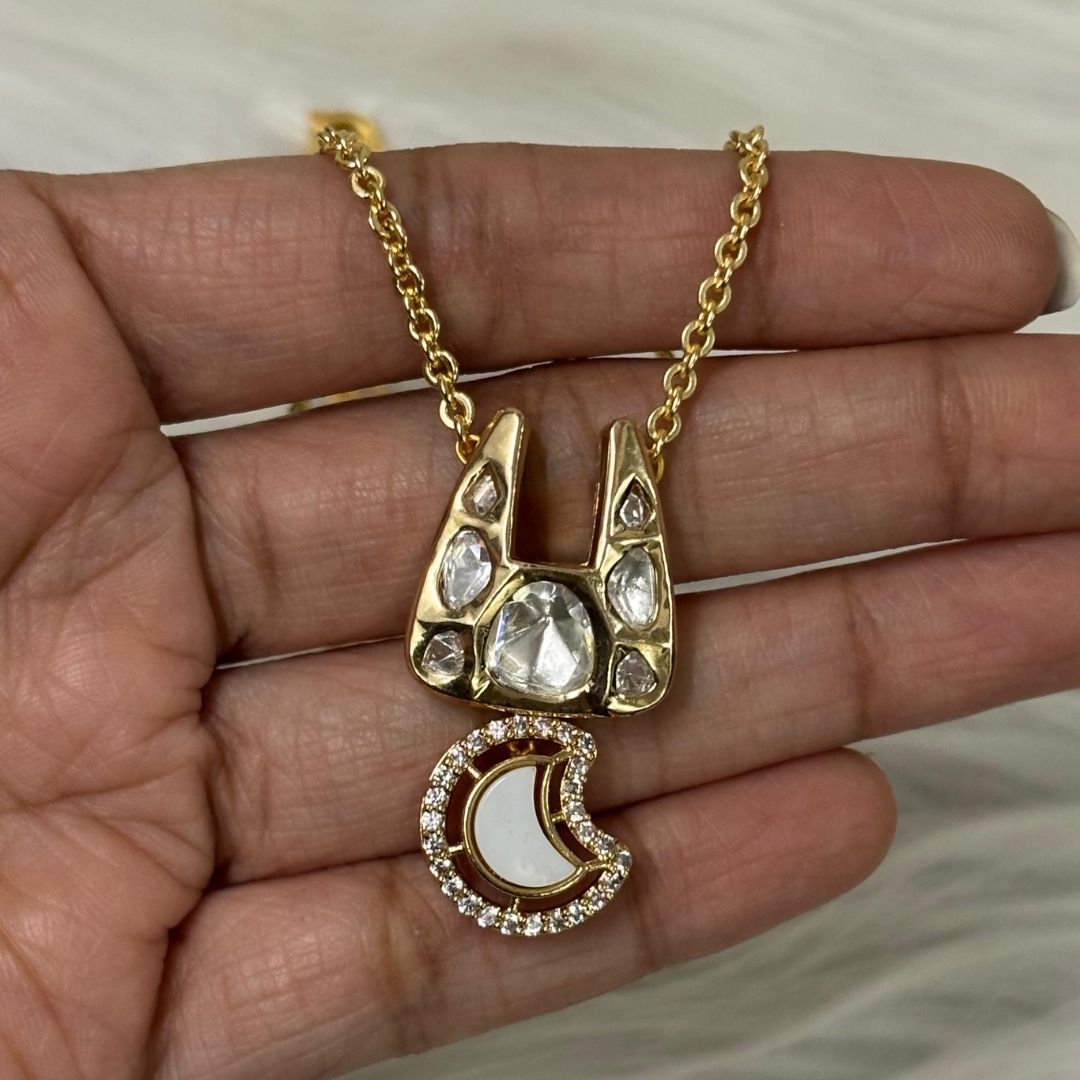 Gold-Plated Kundan Moon Chain Pendant