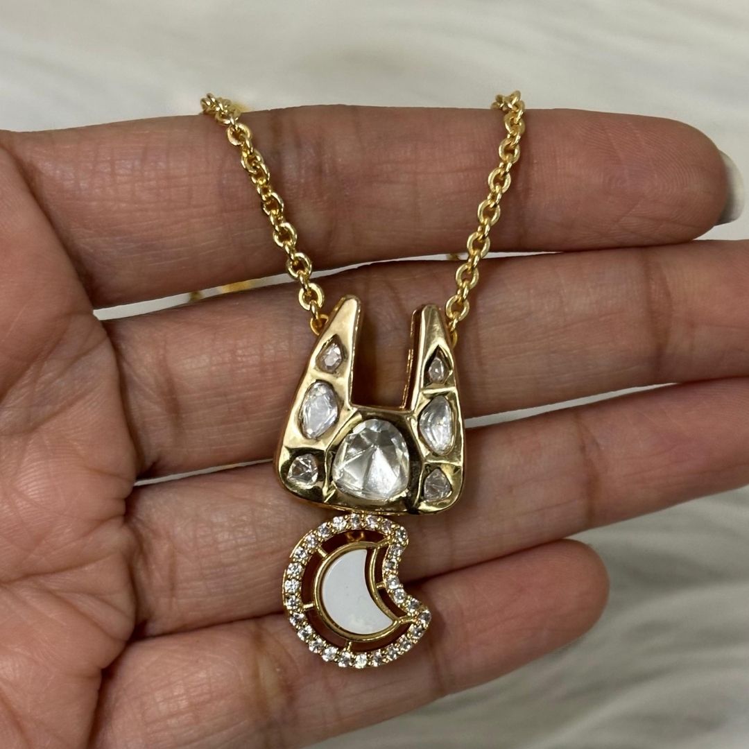 Gold-Plated Kundan Moon Chain Pendant
