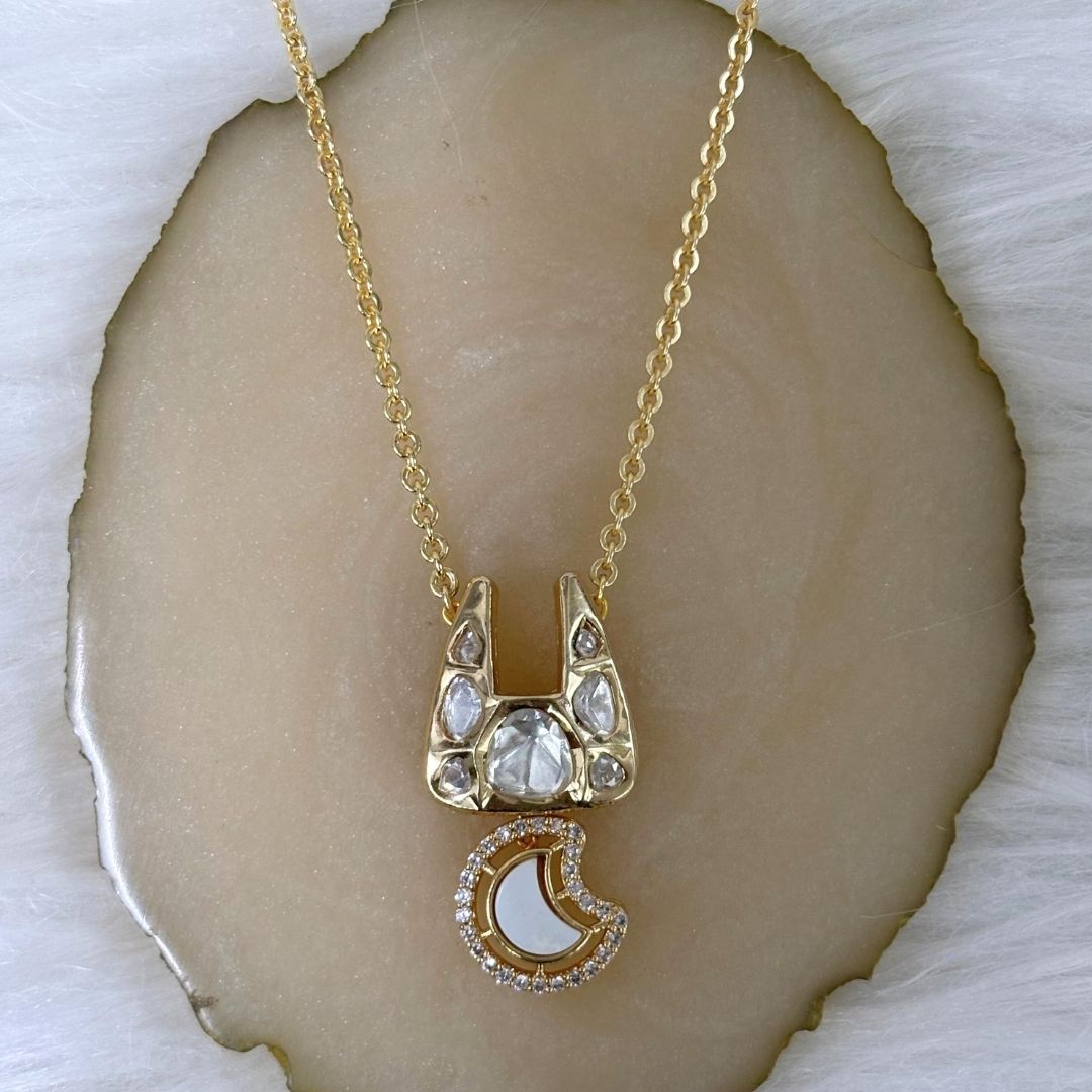 Gold-Plated Kundan Moon Chain Pendant