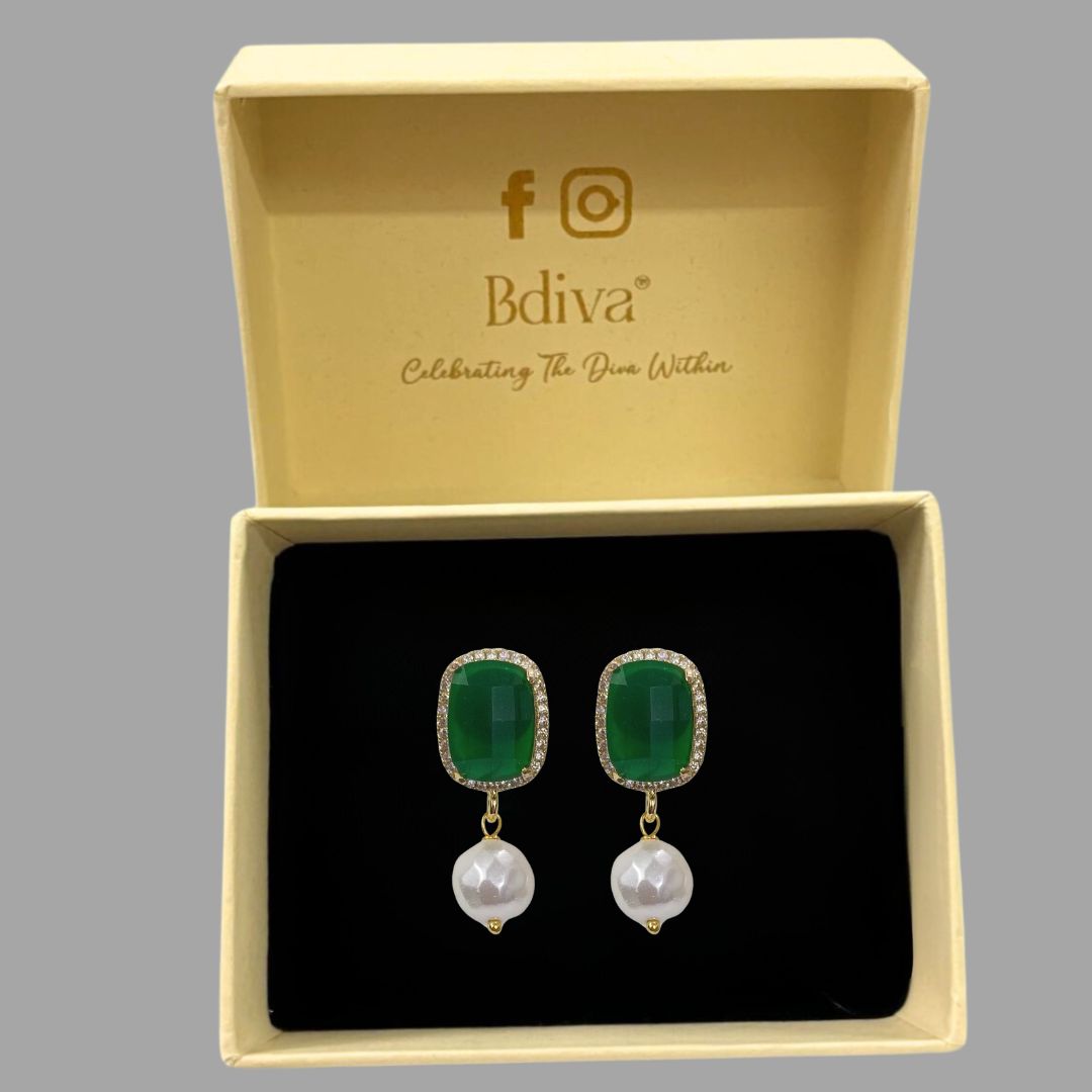 BDiva 18k Gold Plated Emerald Radiance Statement Earrings with a Fusion of Luxe and Elegance