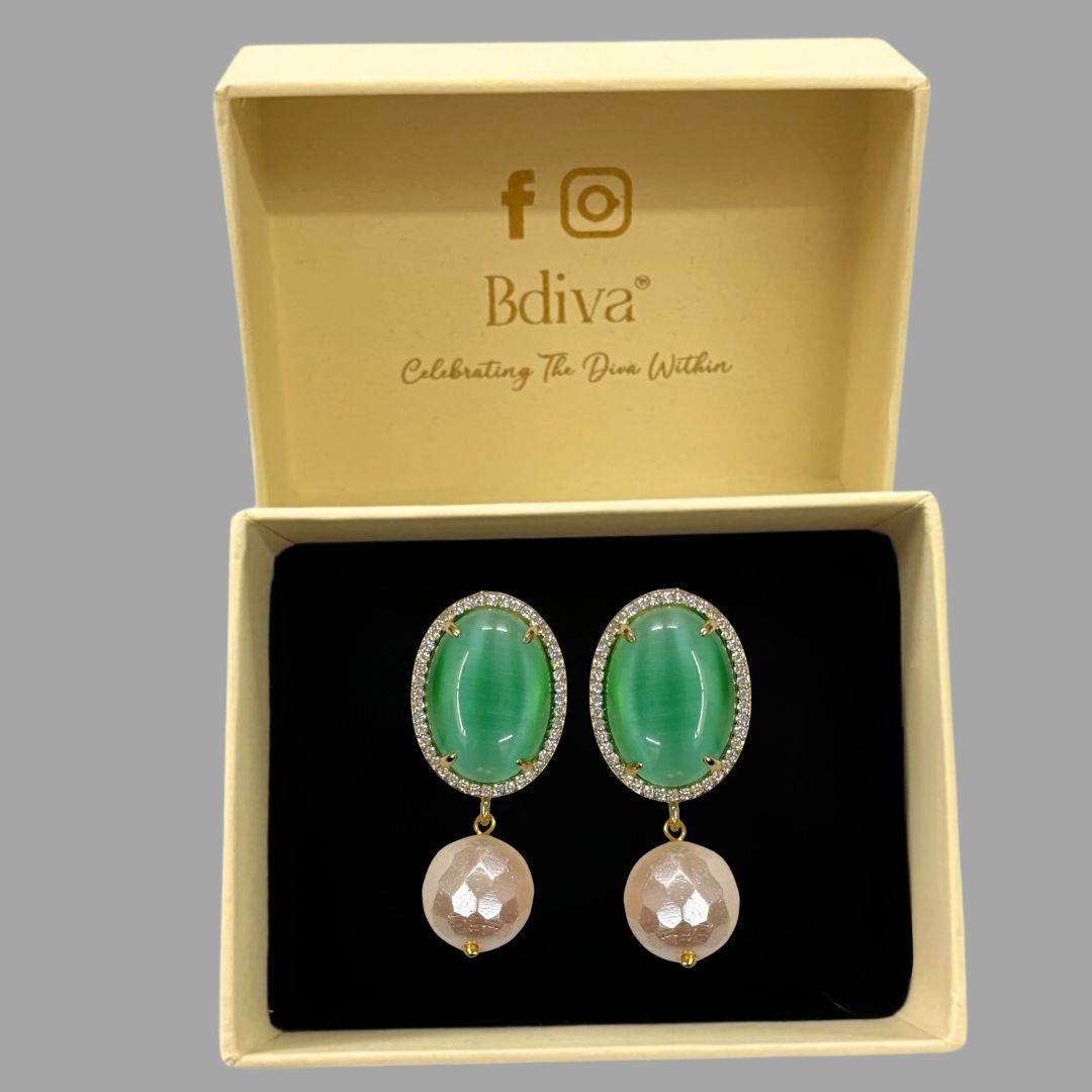 BDiva 18k Gold Plated Emerald Radiance Statement Earrings with a Fusion of Luxe and Elegance