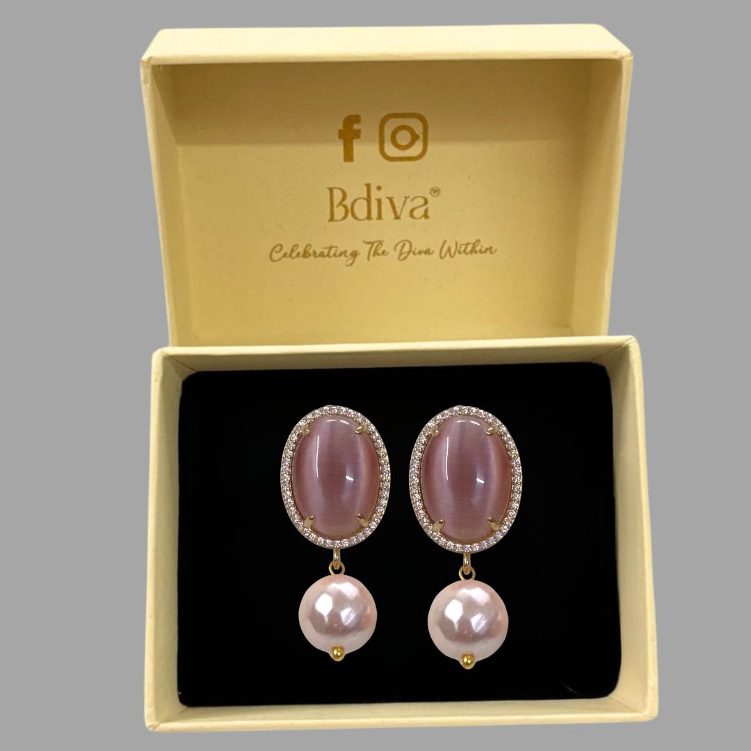 BDiva 18k Gold Plated Oval Stone Radiance Statement Earrings with a Fusion of Luxe and Elegance