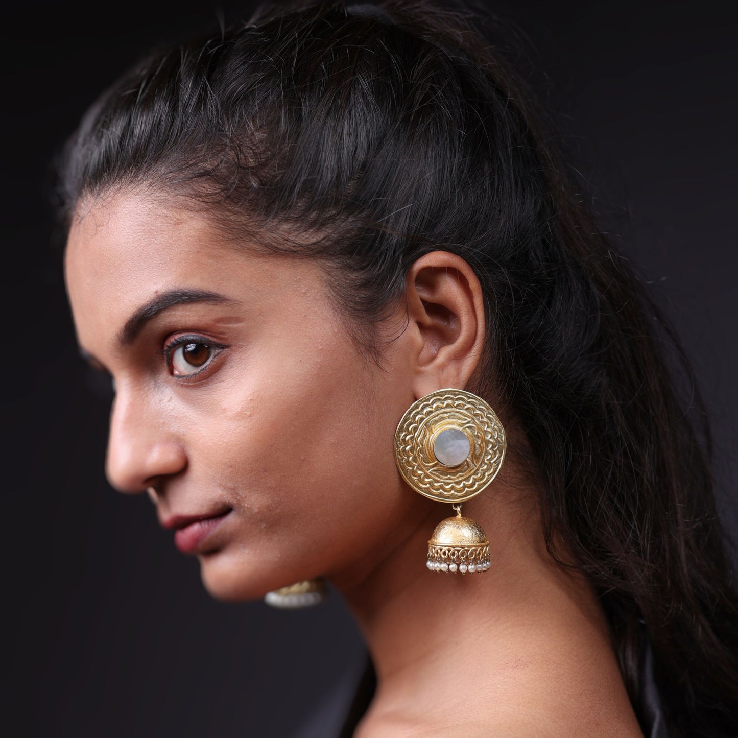 Bdiva 18K Gold Plated Intricately Carved Jhumka Earrings with Mother of Pearl.