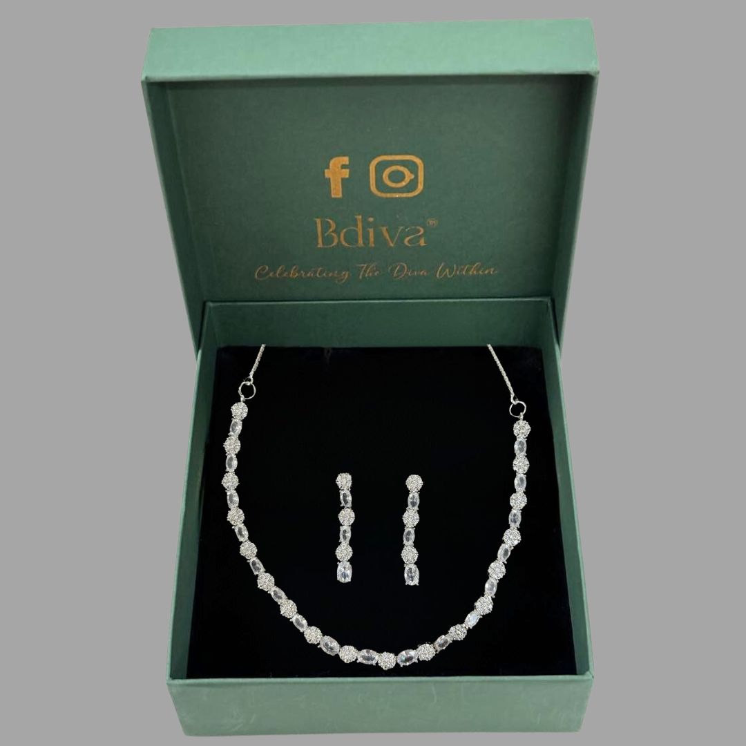 Silver Rhodium-Plated Cubic Zirconia Choker & Earrings Set