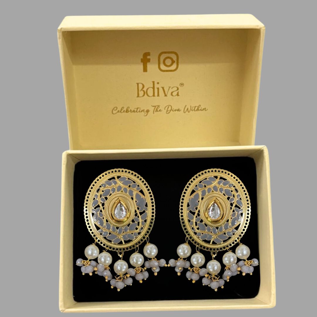 High-Quality Gold-Plated Studs with Grey Enamel & Semi-Cultured Pearls