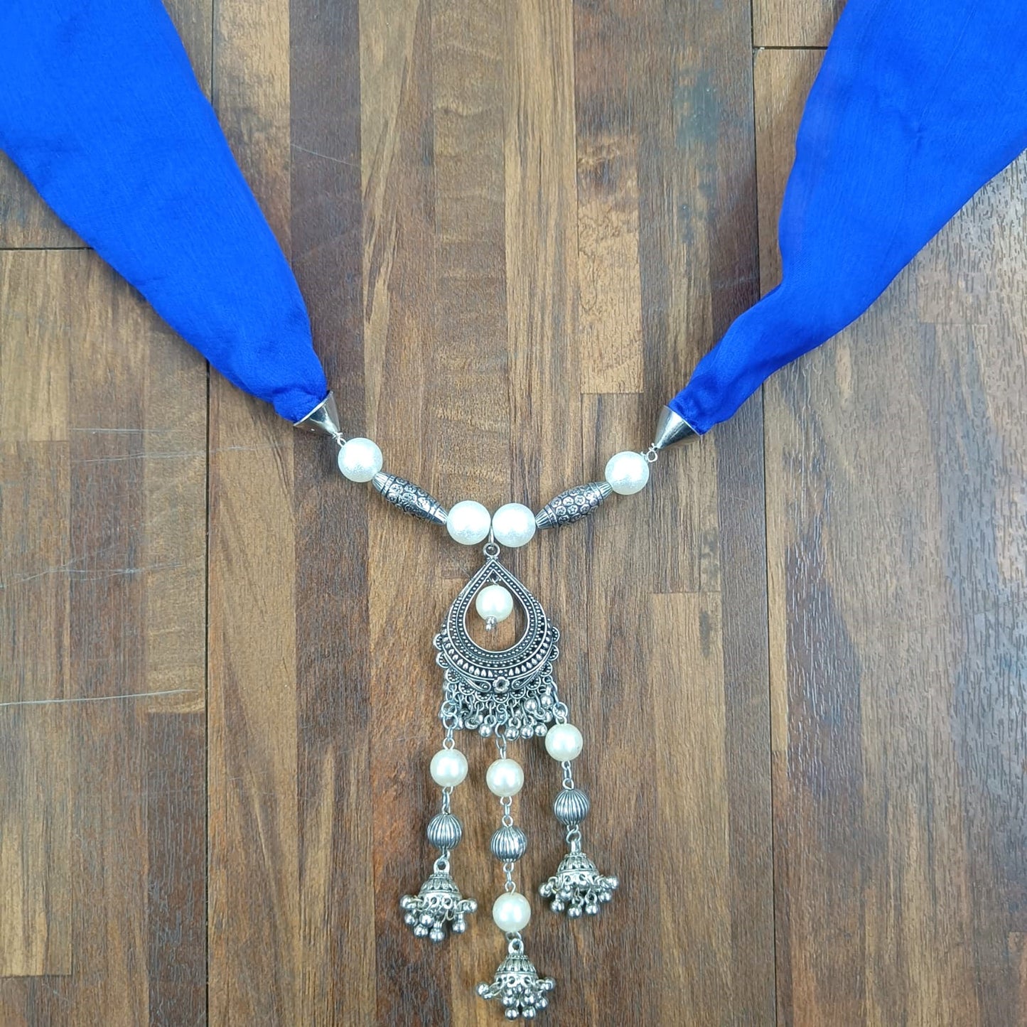 Bdiva Blue Georgette Scarf With Indian Jewelry And Oxidised Motif
