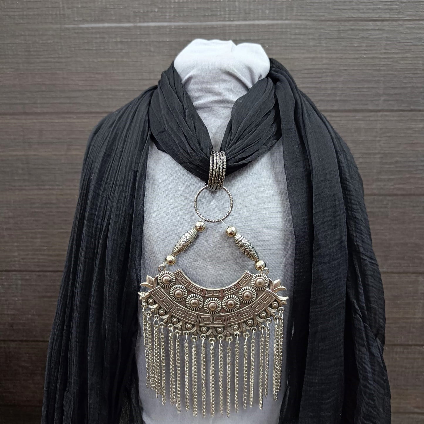 Bdiva Black Georgette Scarf With Indian Jewelry And Oxidised Motif