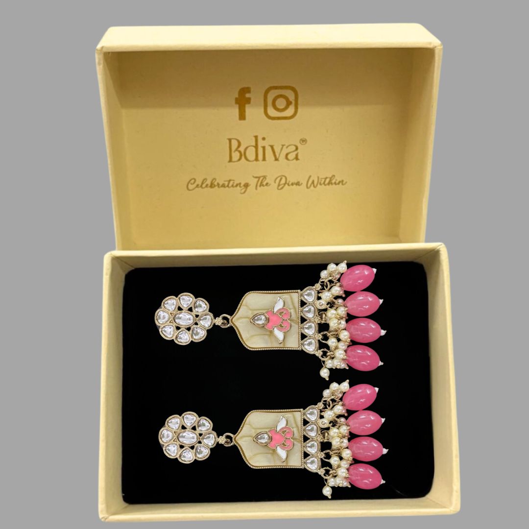 High-Quality Gold Plated Kundan Earrings with Enamel & Pink Semi-Cultured Pearls