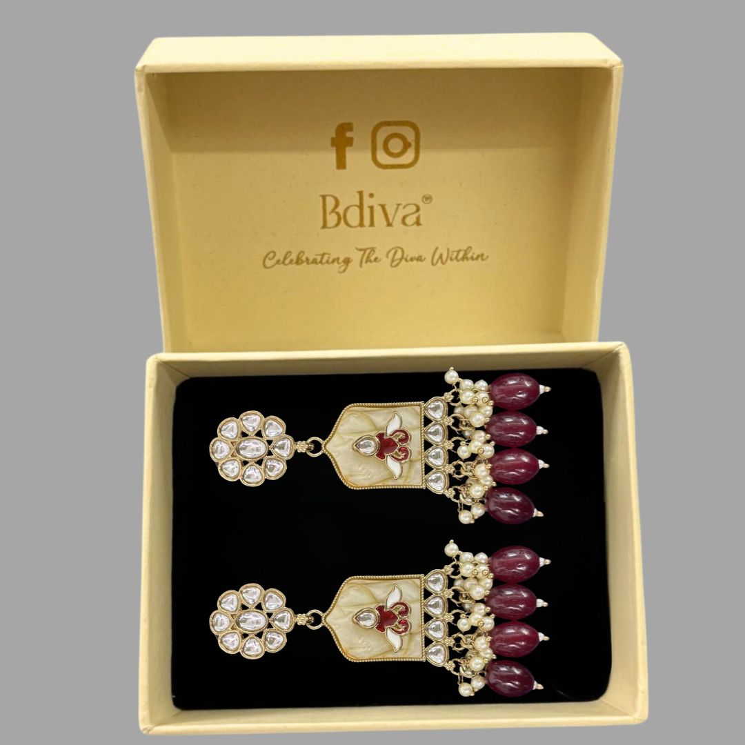 High-Quality Gold Plated Kundan Enamel Earrings with Maroon Semi-Cultured Pearls