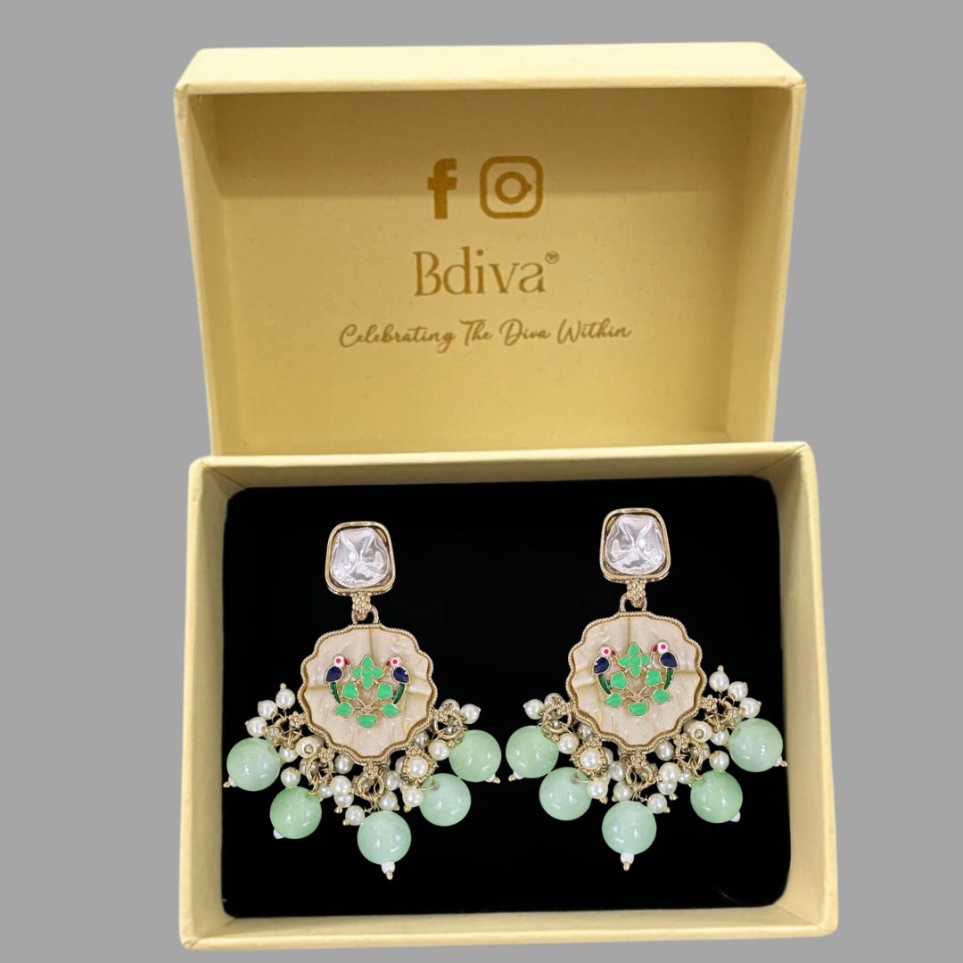 High-Quality Gold Plated Kundan Enamel Earrings with Green Semi-Cultured Pearls
