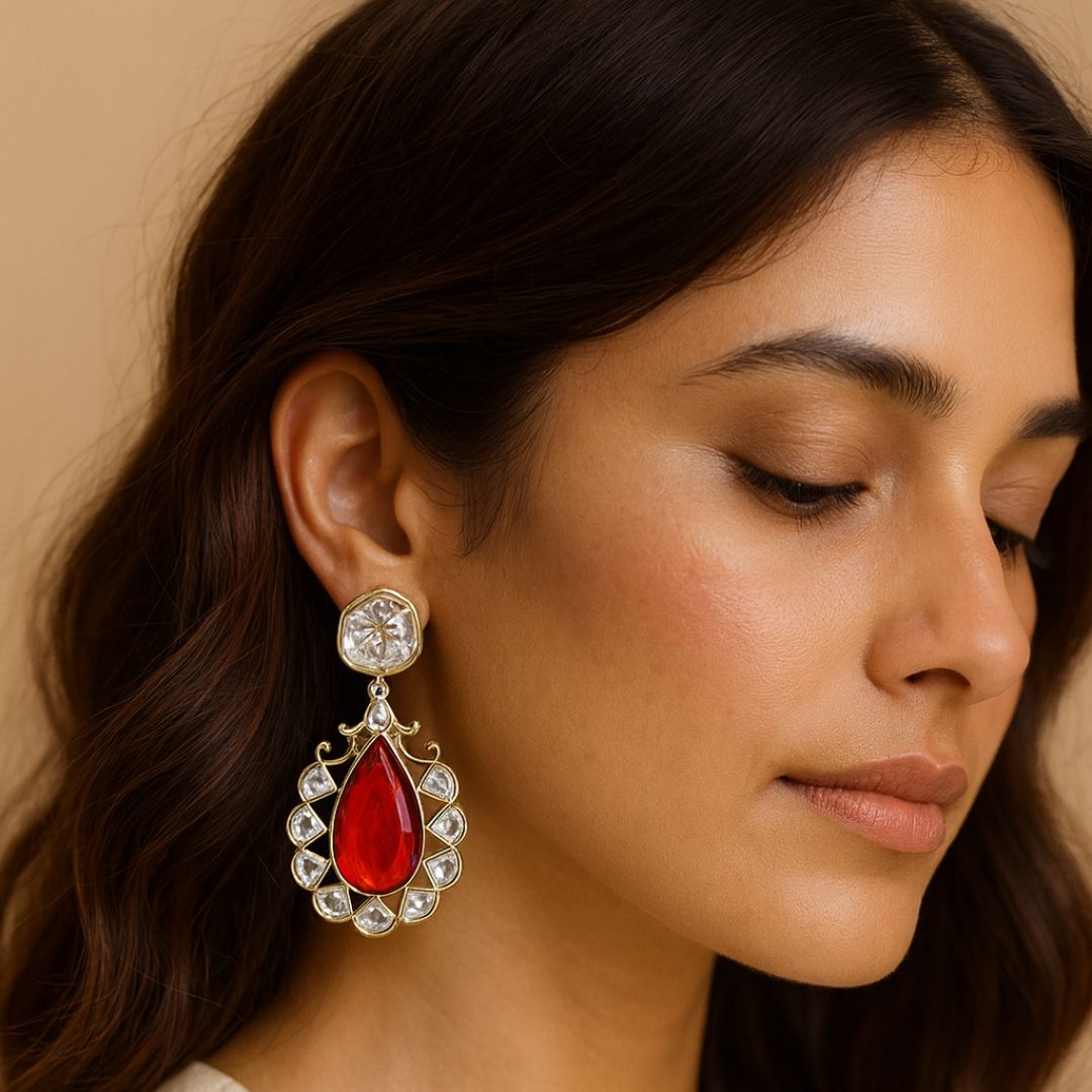 High Quality Gold Plated Royal Red Kundan Pear Drop Earrings