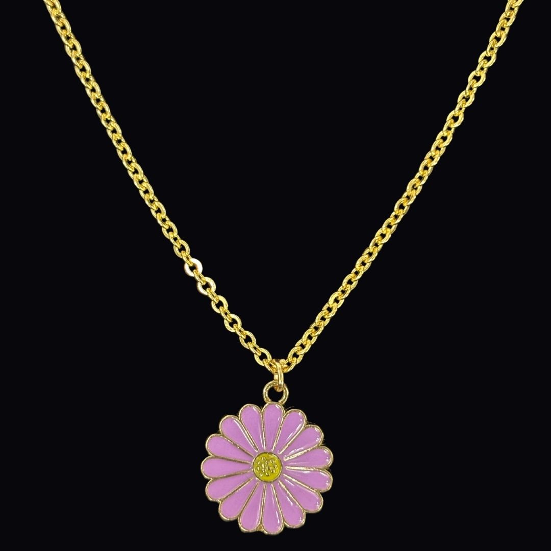 Gold Plated Purple Enamel Daisy Flower Pendant Necklace