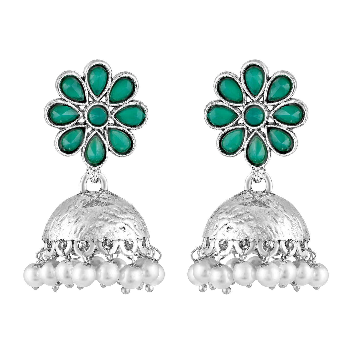 BDiva Oxidized Fusion of Tradition and Elegance Green Stone Floral Jhumka Earrings