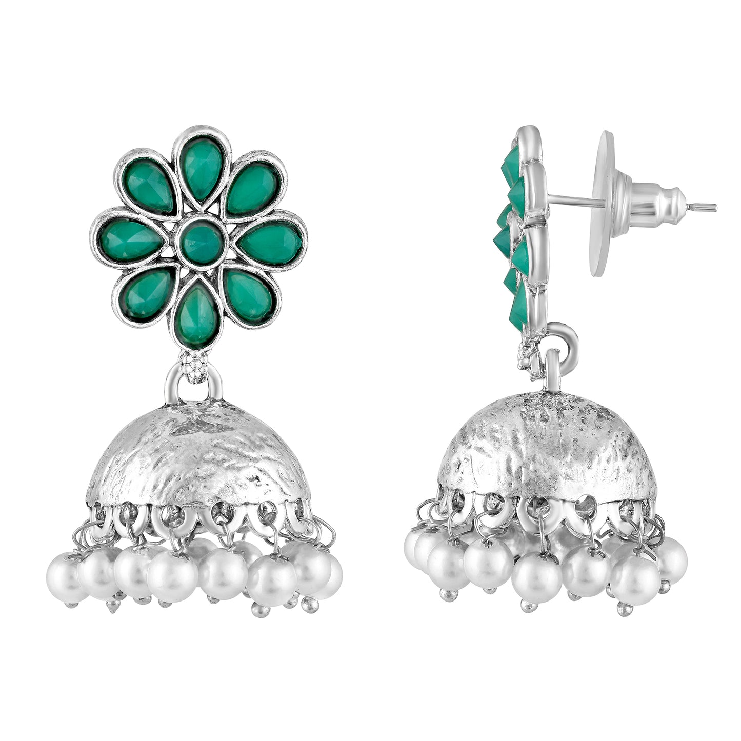 BDiva Oxidized Fusion of Tradition and Elegance Green Stone Floral Jhumka Earrings