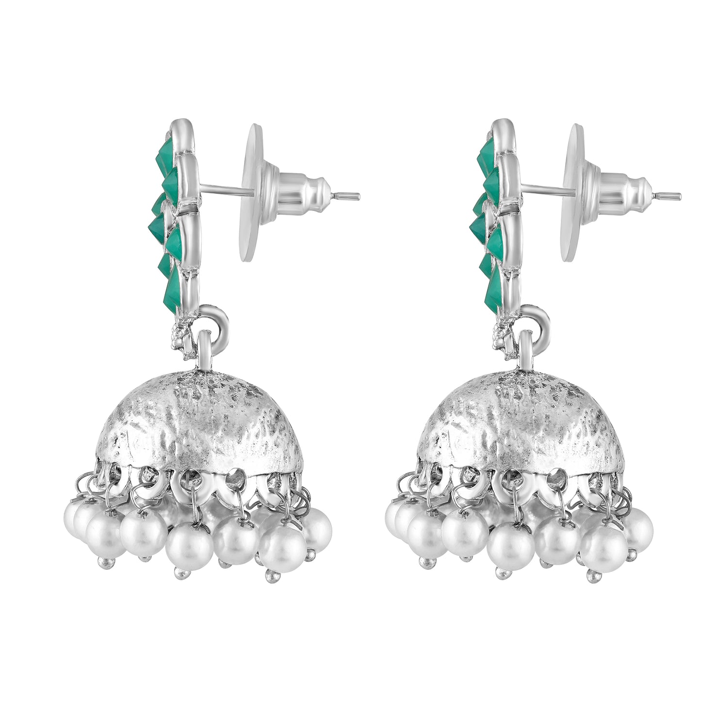 BDiva Oxidized Fusion of Tradition and Elegance Green Stone Floral Jhumka Earrings
