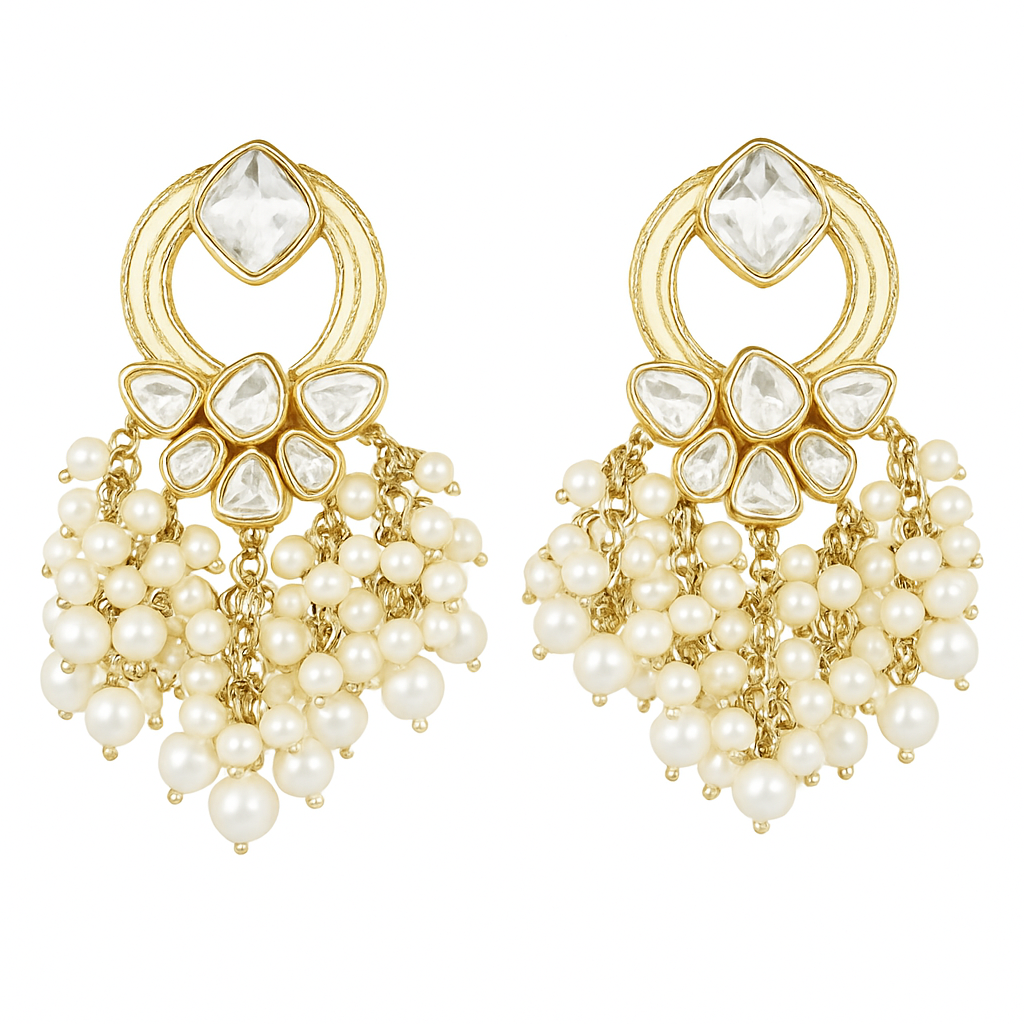 Gold Plated Statement Earrings | Kundan & Semi Cultured White Pearl Drops | Traditonal Jewelry for Women | Perfect for Party Wear