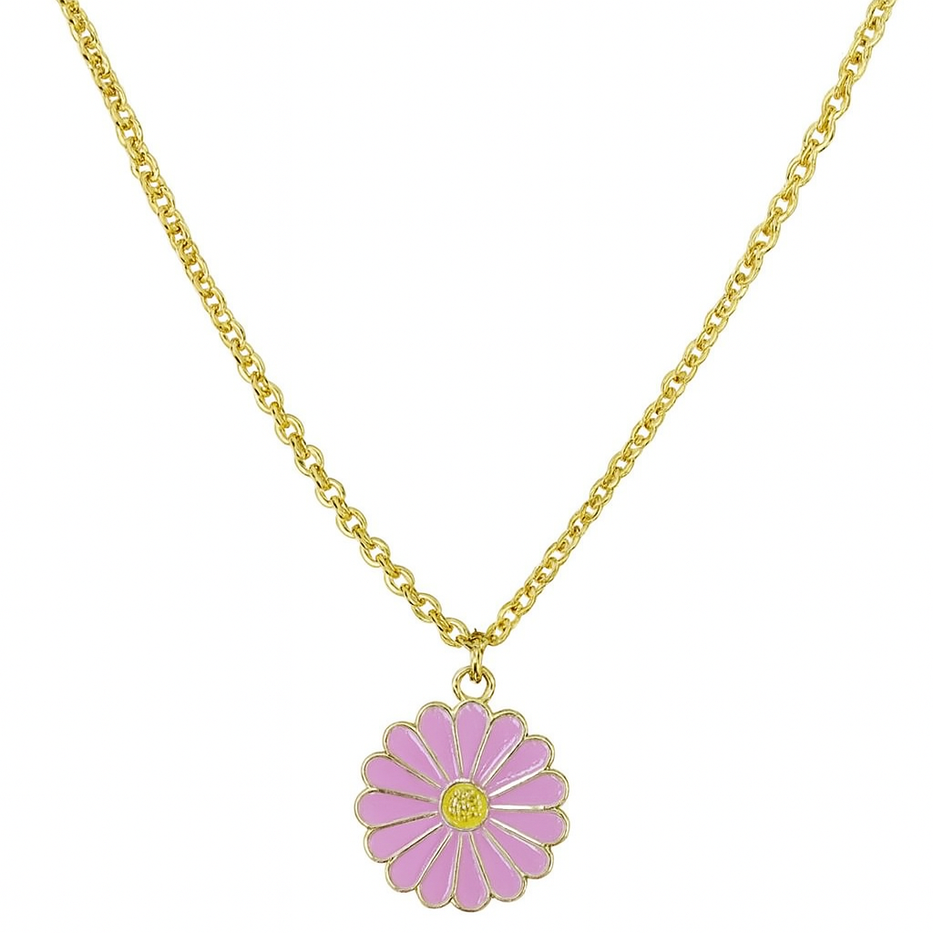 Gold Plated Purple Enamel Daisy Flower Pendant Necklace