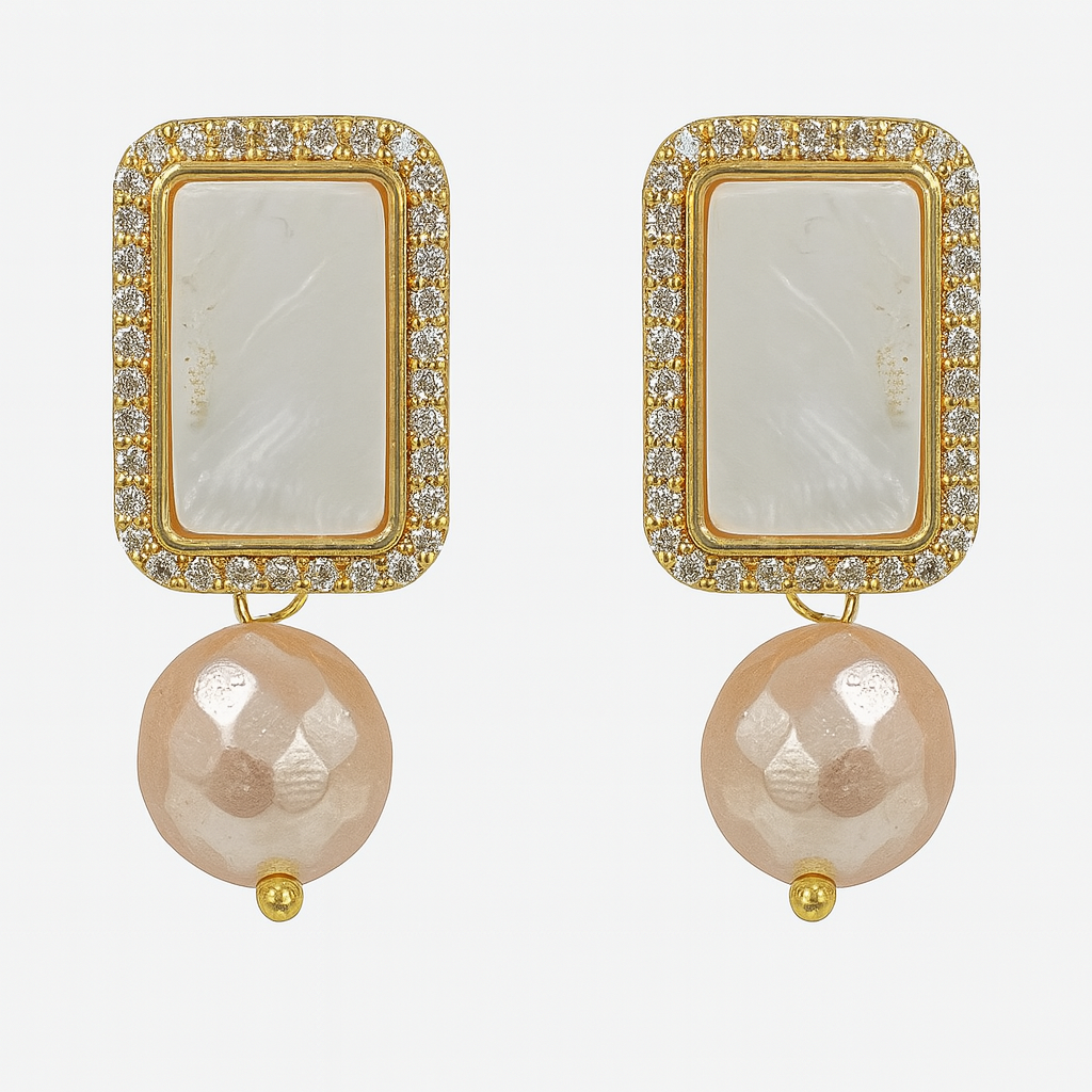 Gold-Plated Rectangular Studs Earrings with Pearl Drop