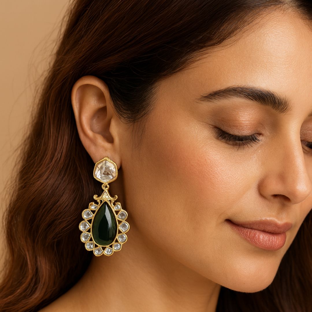 High Quality Gold Plated Emerald Kundan Pear Drop Earrings