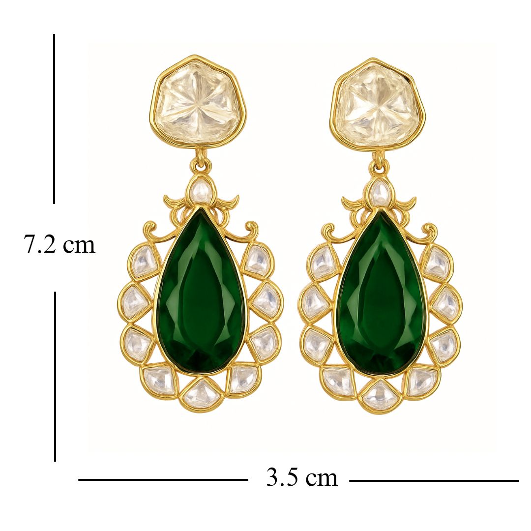 High Quality Gold Plated Emerald Kundan Pear Drop Earrings
