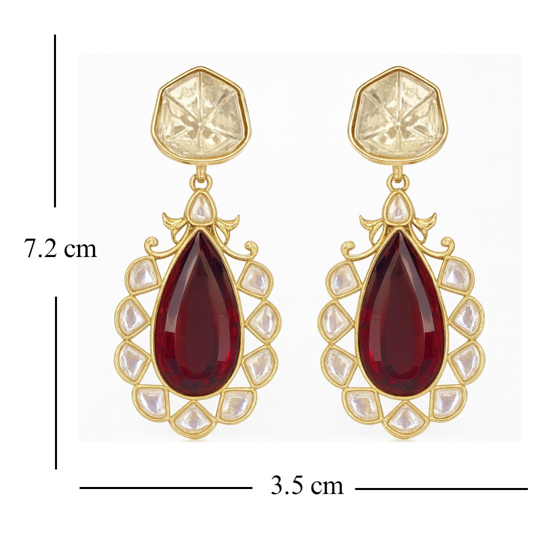High Quality Gold Plated Royal Red Kundan Pear Drop Earrings