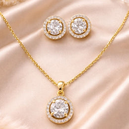 Gold Plated Solitaire Halo Style Pendant & Earrings Set