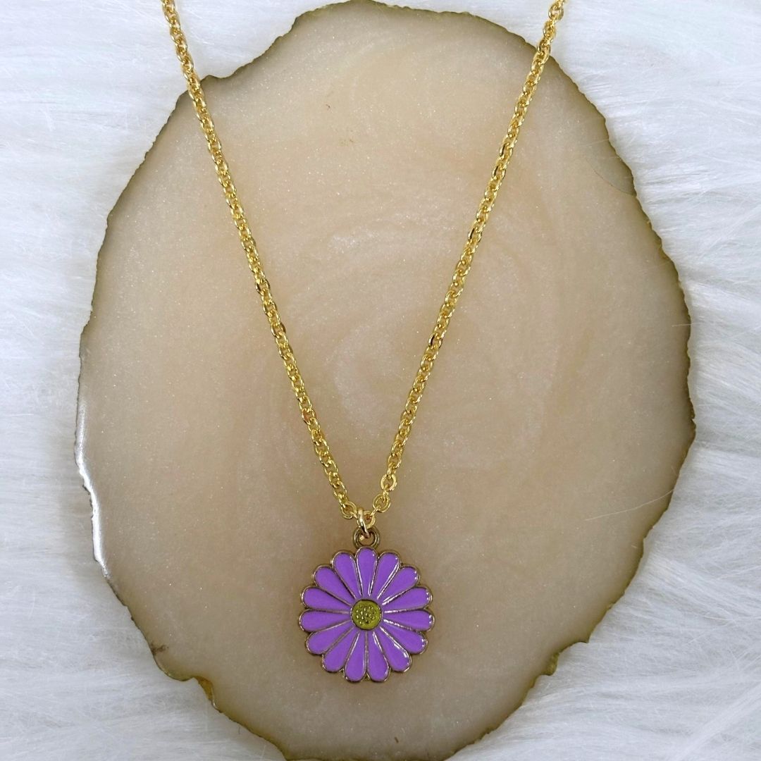 Gold Plated Purple Enamel Daisy Flower Pendant Necklace