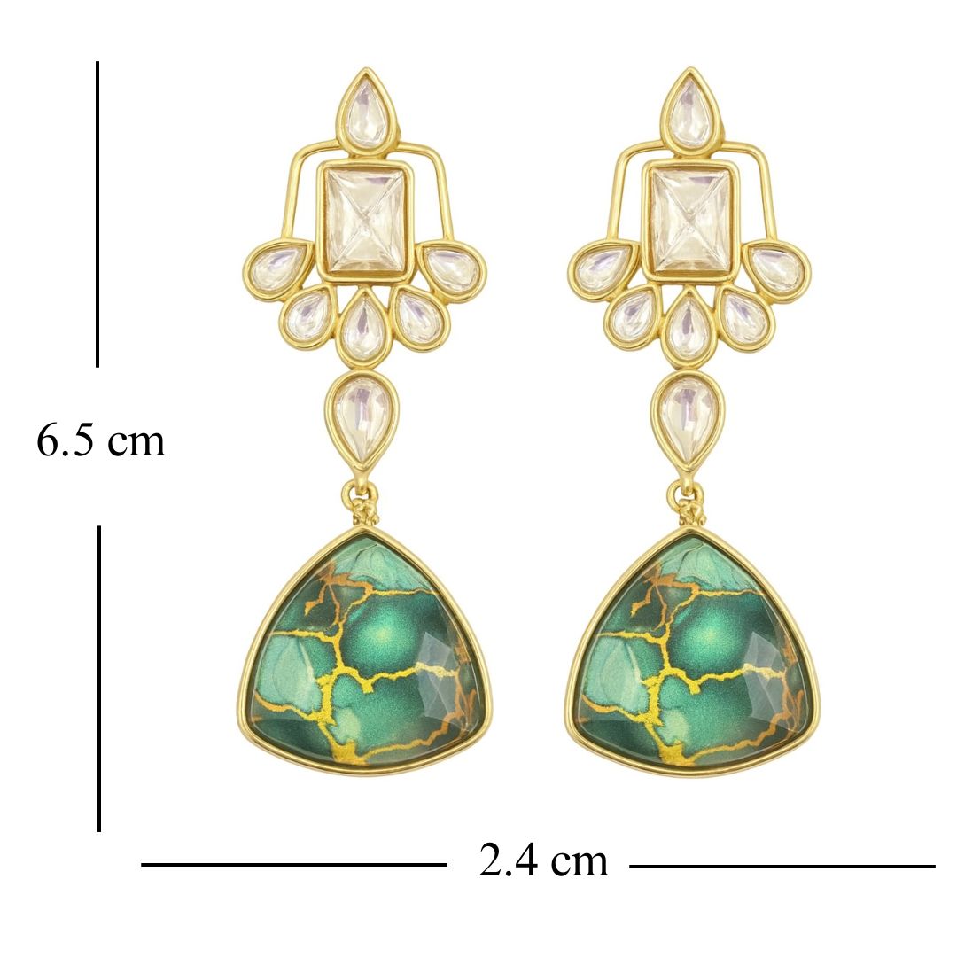 High Quality Gold Plated Dark Green Kundan Art Deco Drop Earrings