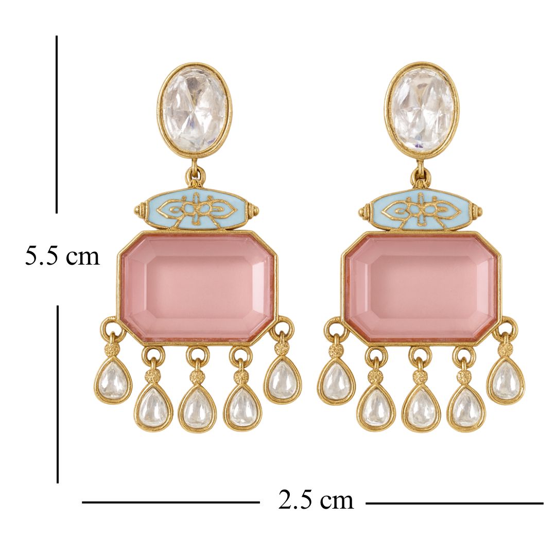 High Quality Gold Plated Blush Pink Kundan and Blue Meenakari Drop Earrings