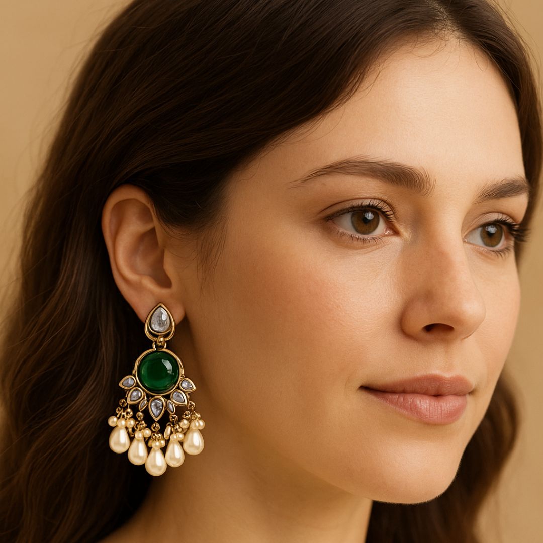 High Quality Gold Plated Emerald Kundan Chandbali Pearl Drop Earrings