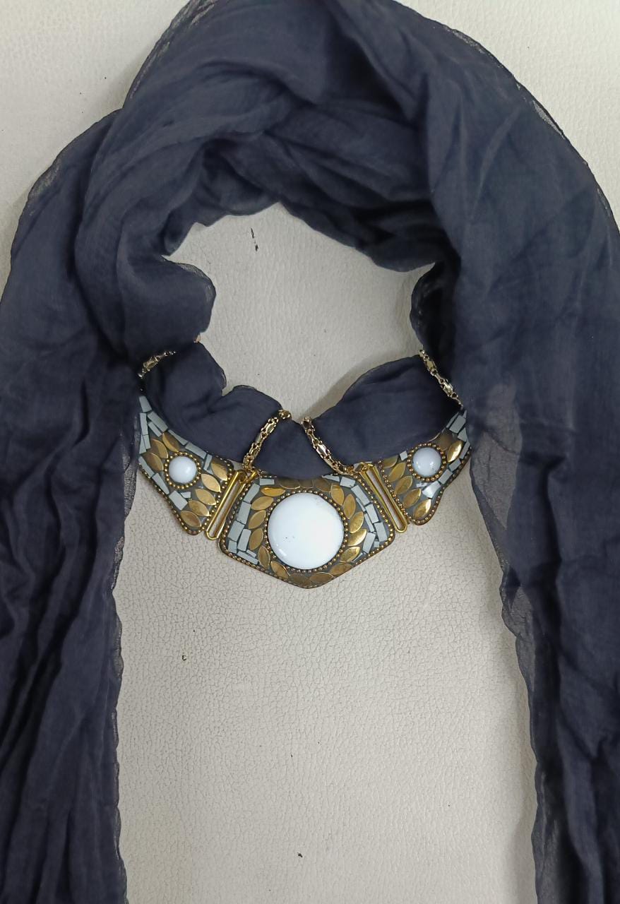 Bdiva Black Georgette Scarf With Indian Jewelry And Oxidised Motif
