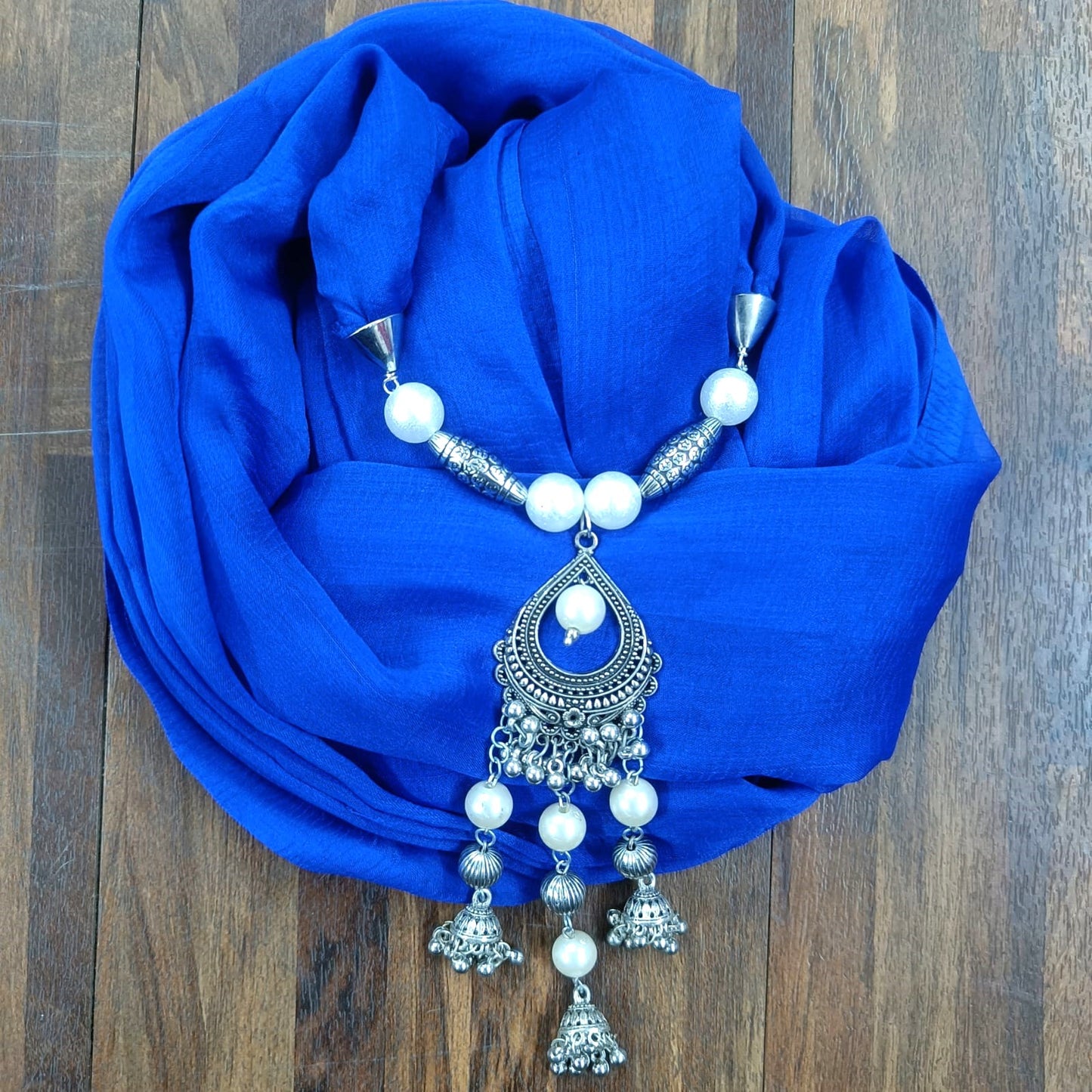 Bdiva Blue Georgette Scarf With Indian Jewelry And Oxidised Motif