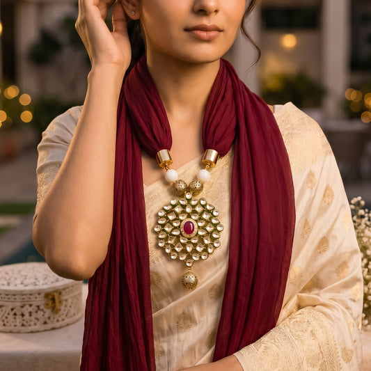 Maroon Georgette Scarf With Kundan Motif
