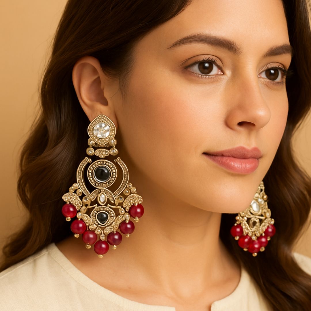 High Quality Gold Plated Red Chandbali Drop Earrings with Kundan & Pearls