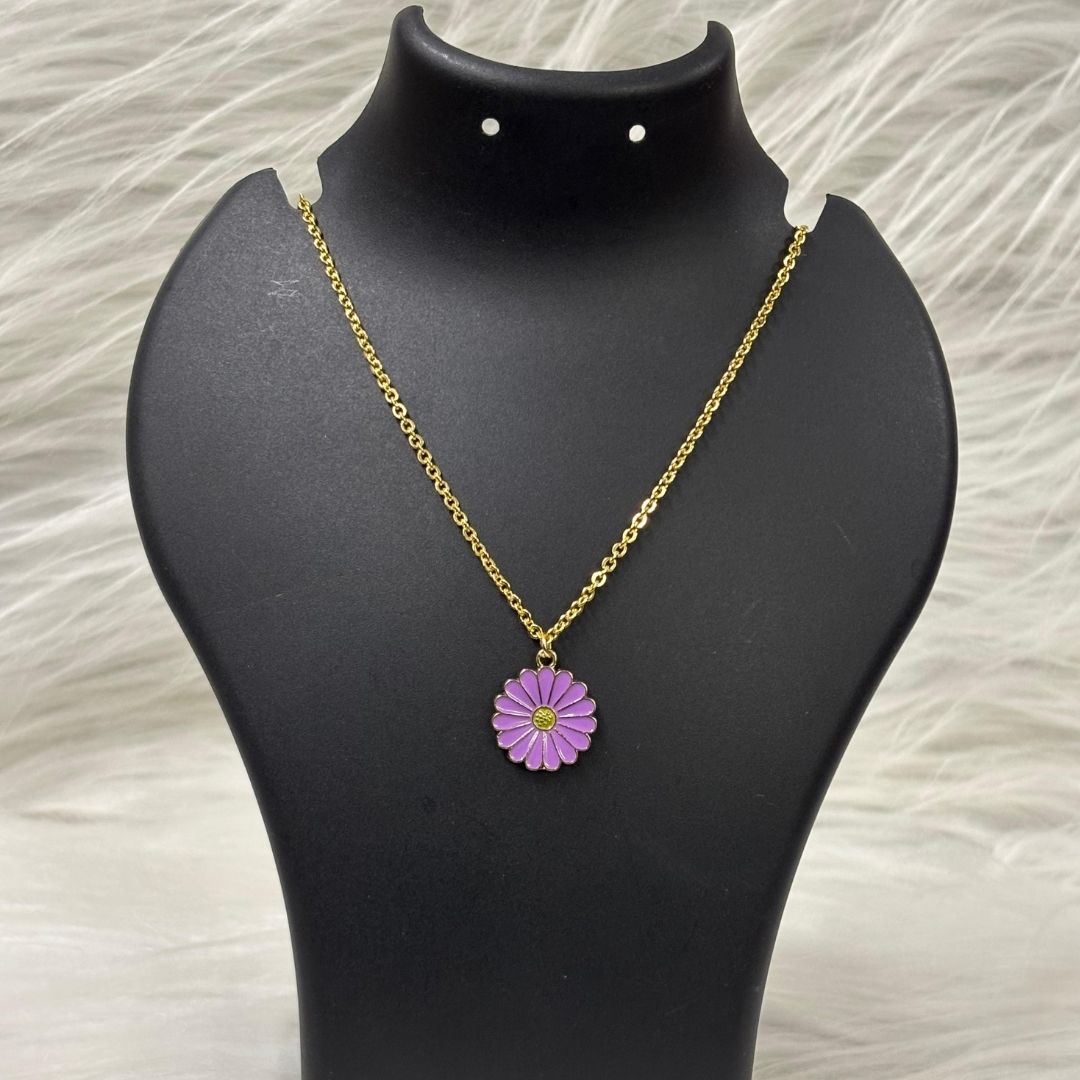 Gold Plated Purple Enamel Daisy Flower Pendant Necklace