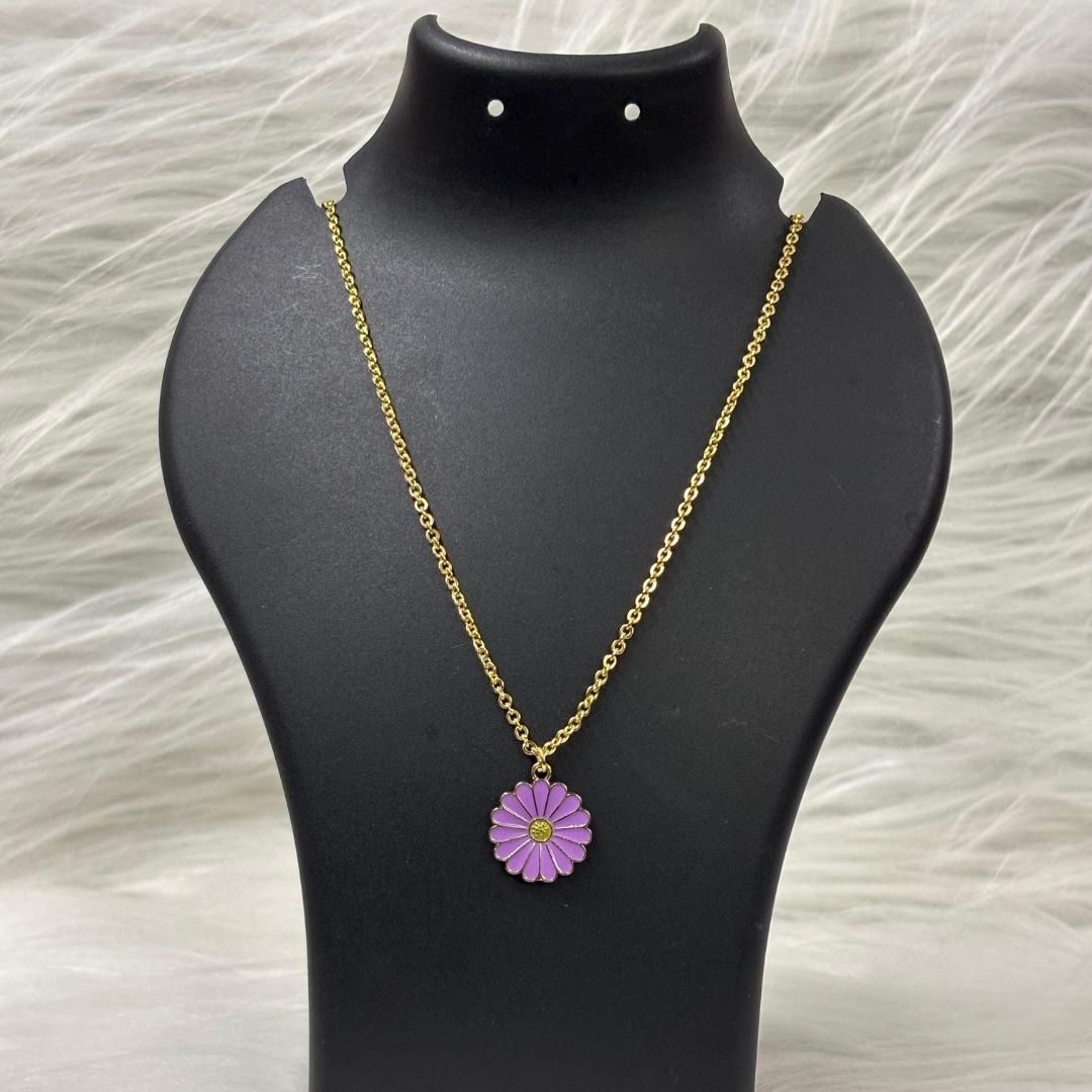Gold Plated Purple Enamel Daisy Flower Pendant Necklace