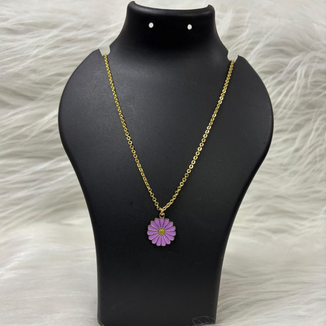 Gold Plated Purple Enamel Daisy Flower Pendant Necklace