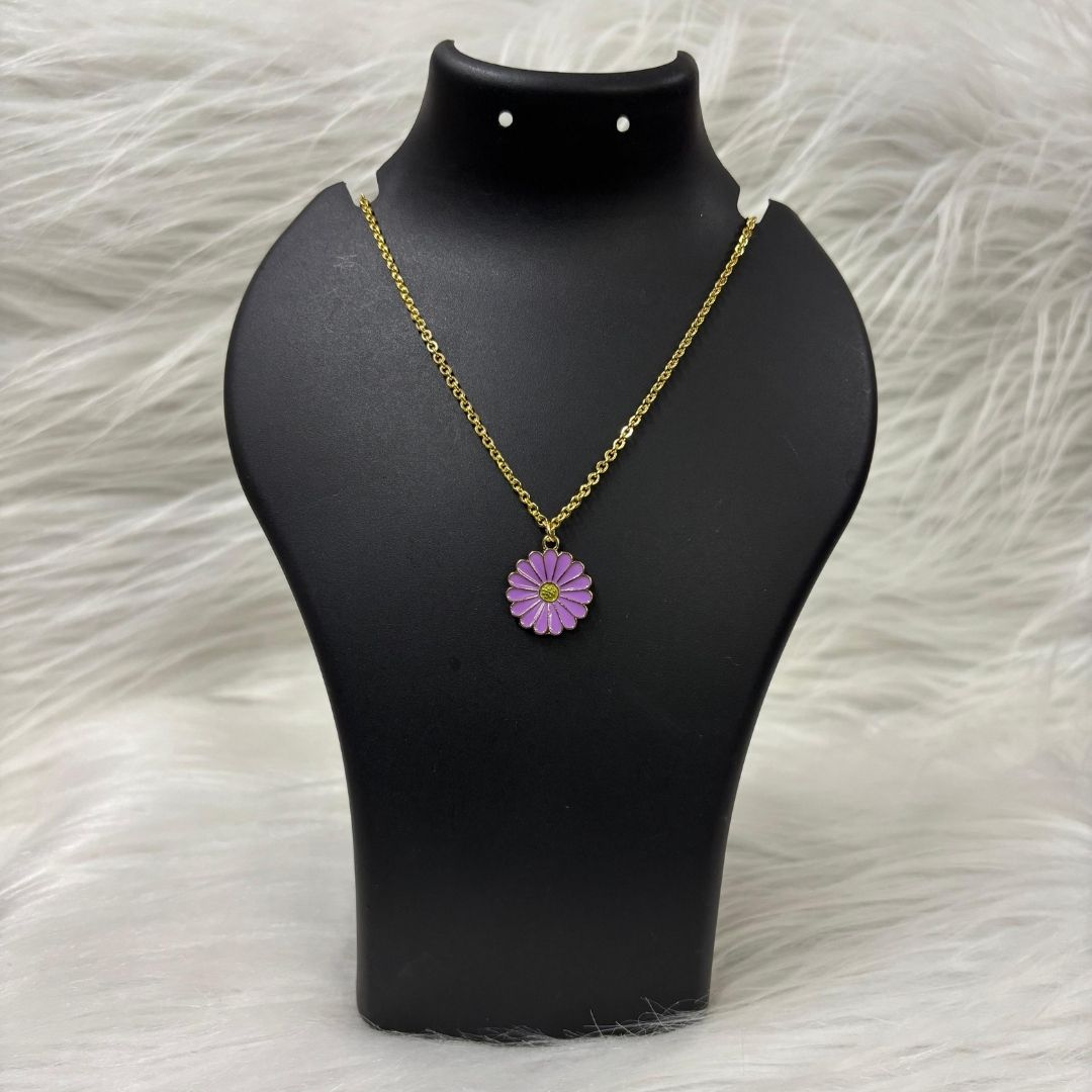 Gold Plated Purple Enamel Daisy Flower Pendant Necklace